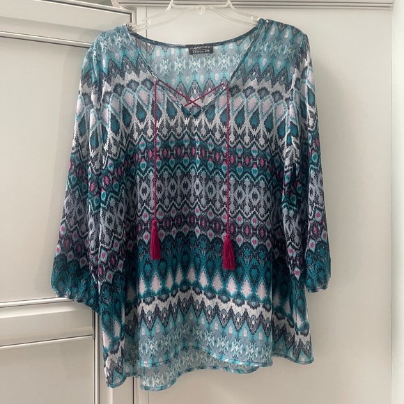 PAPERMOON Howell Tie Neck Blouse, Size Medium, Turquoise Ikat - Picture 2 of 10